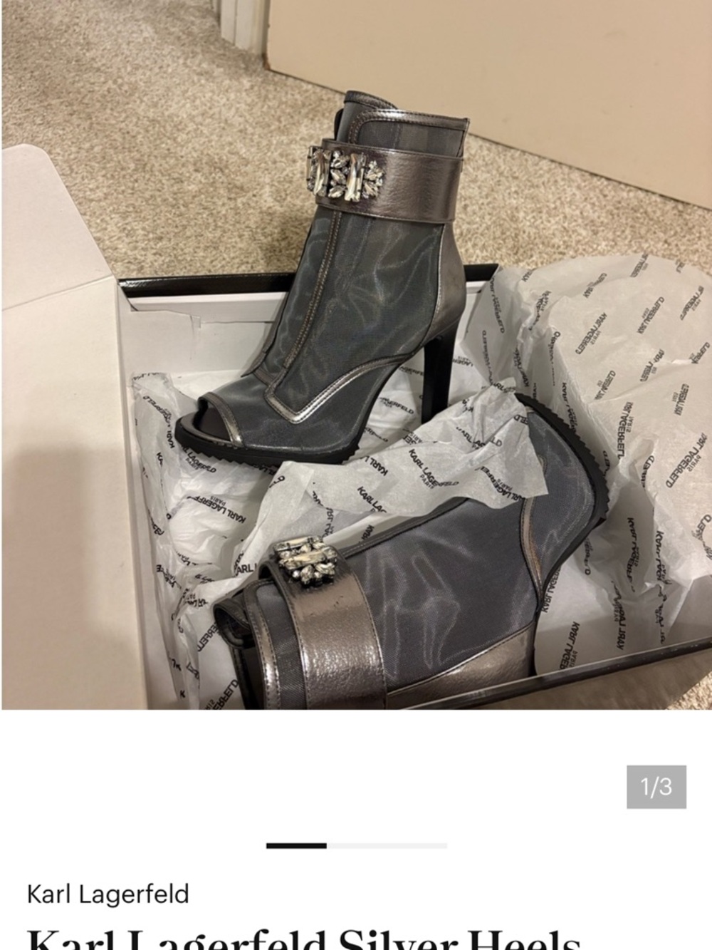 Karl Lagerfeld Metallic Silver Peep-Toe Mesh Ankle Boots with Crystal Buckle